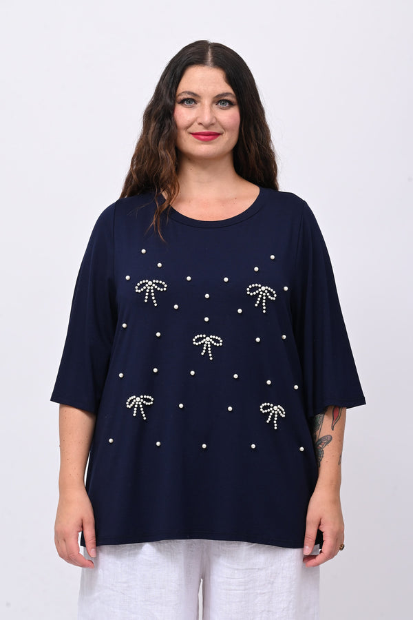 Maglia fiocchi perle - Blu notte