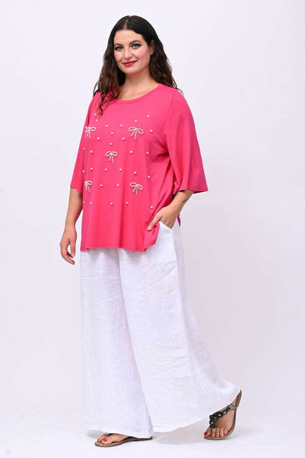 Maglia fiocchi perle - Fuxia