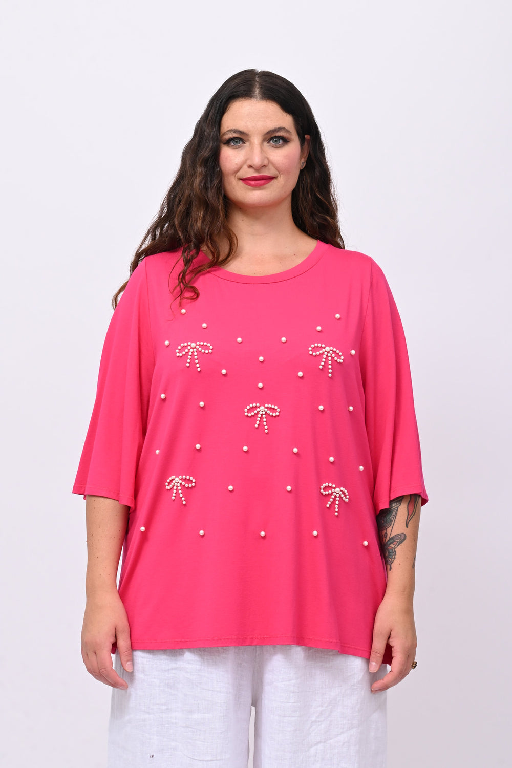 Maglia fiocchi perle - Fuxia