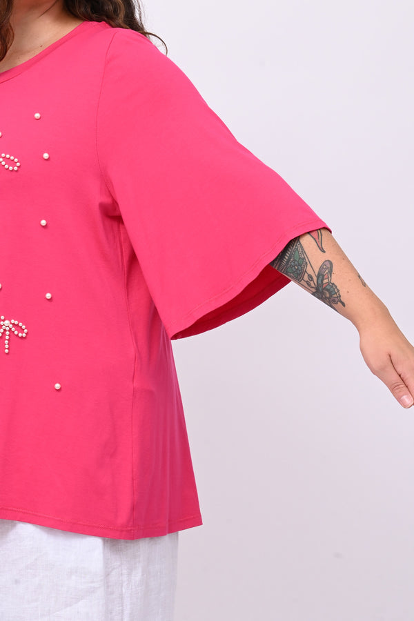 Maglia fiocchi perle - Fuxia