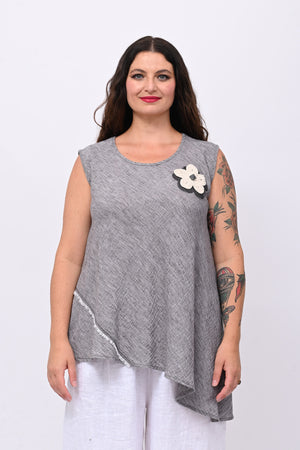 Top effetto lino e fiore - Grigio