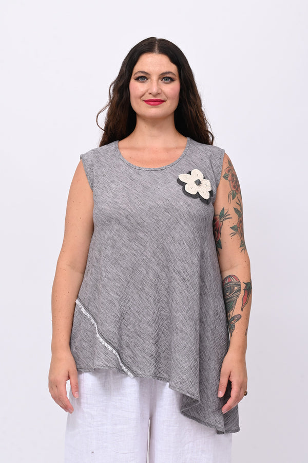 Top effetto lino e fiore - Grigio