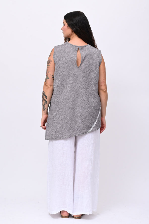 Top effetto lino e fiore - Grigio