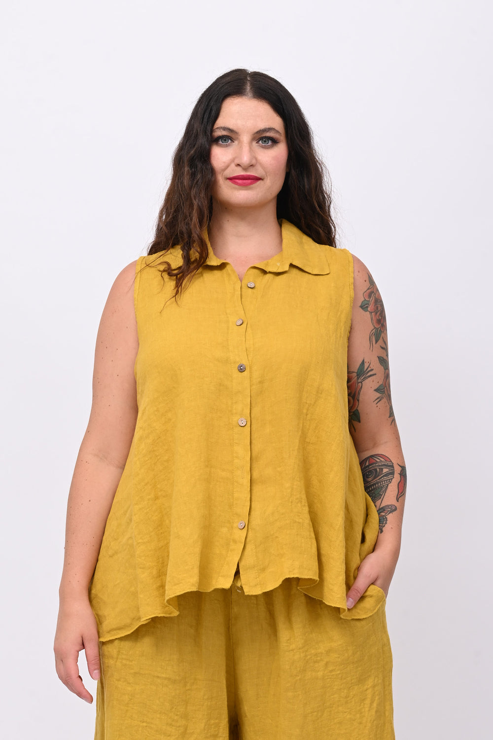 Camicia smanicata lino - Senape