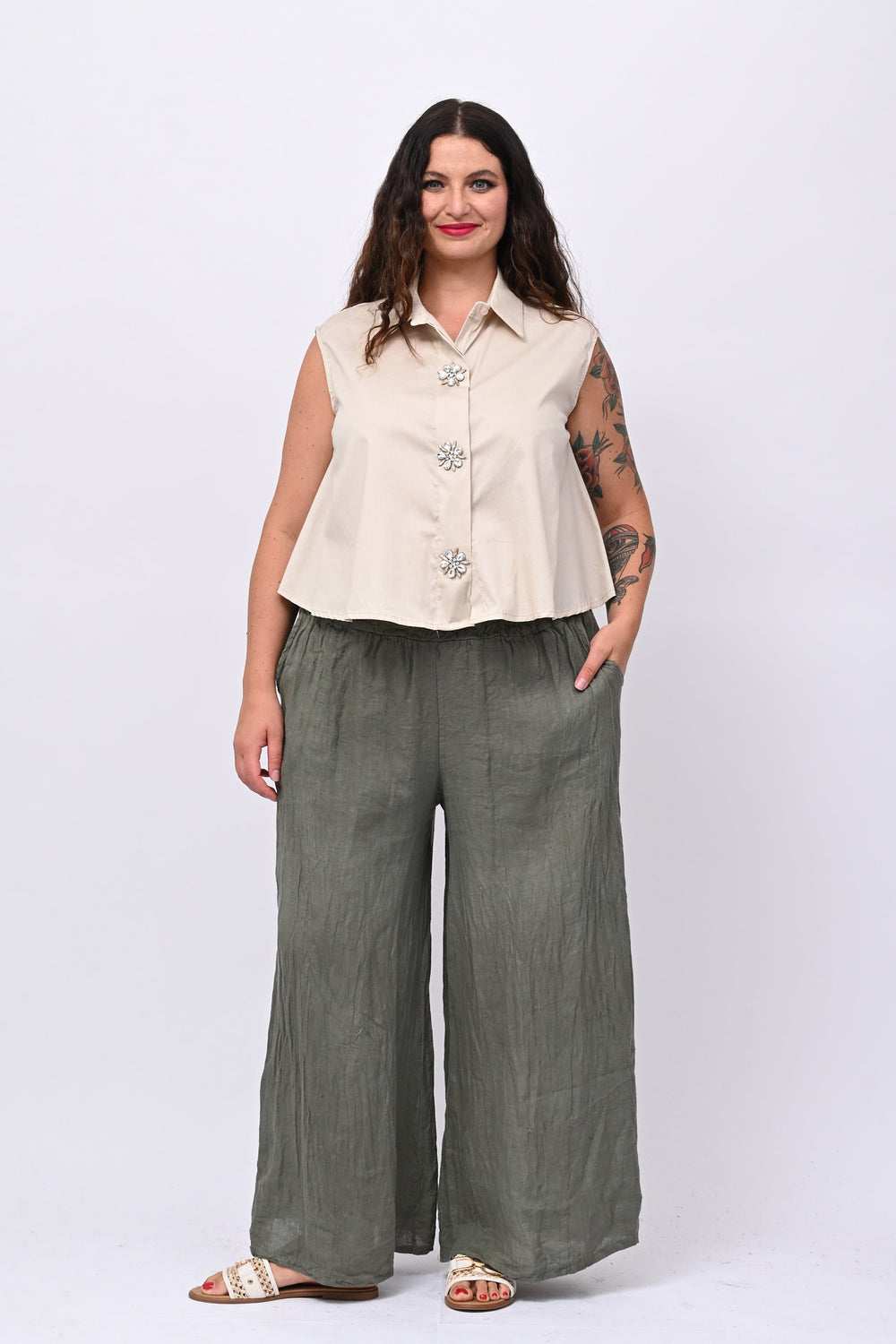 Pantalone palazzo lino - Verde militare