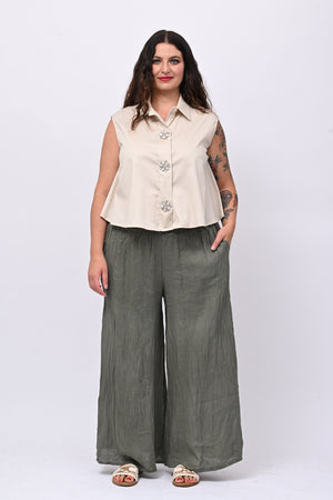 Pantalone palazzo lino - Verde militare