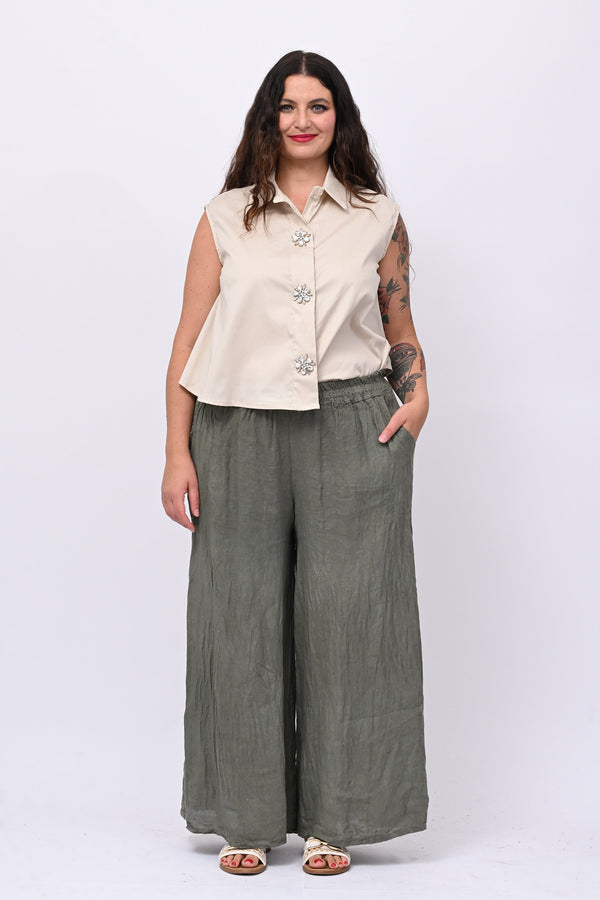 Pantalone palazzo lino - Verde militare