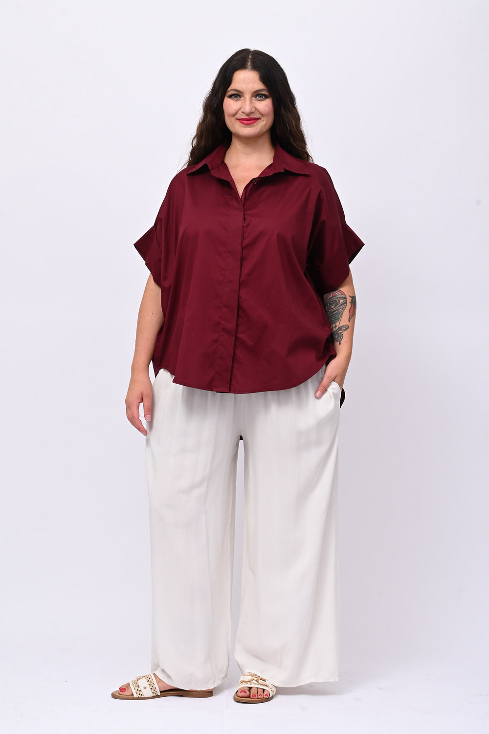 Camicia cotone stondata - Vino