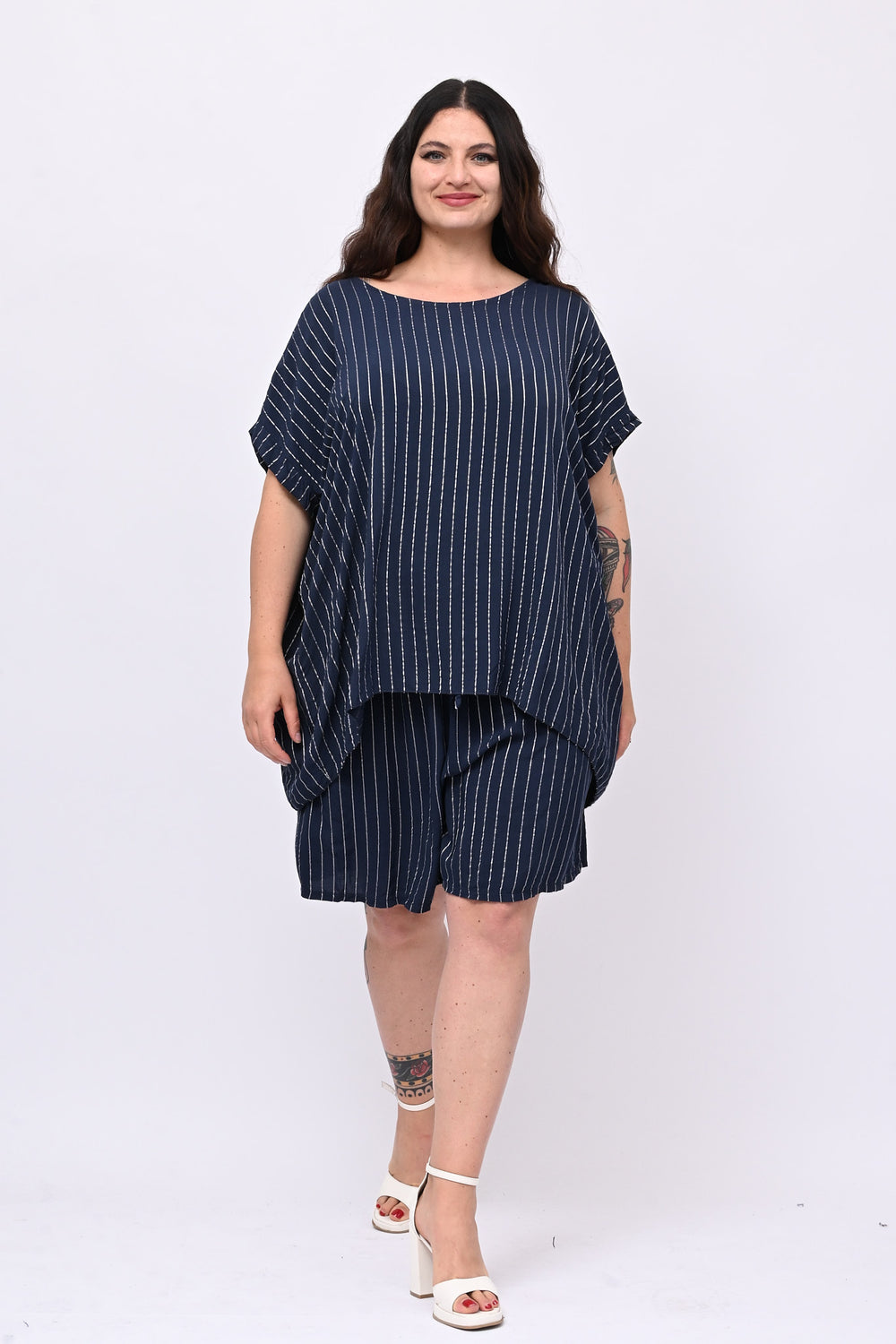 Completo gessato shorts - Blu