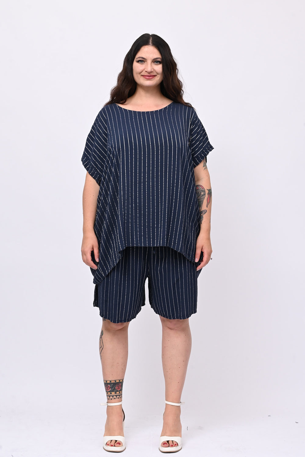 Completo gessato shorts - Blu