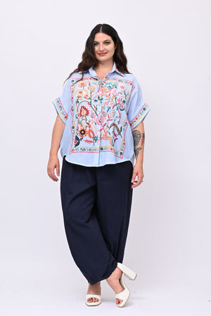 Camicia lino messicana - Celeste