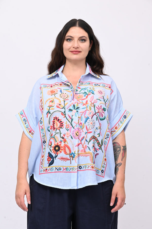 Camicia lino messicana - Celeste