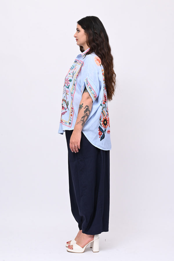 Camicia lino messicana - Celeste