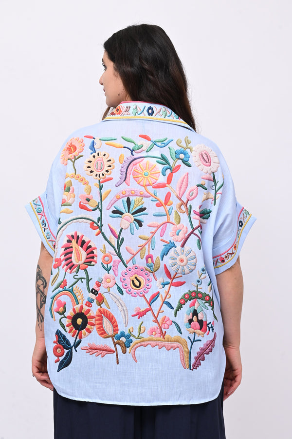 Camicia lino messicana - Celeste
