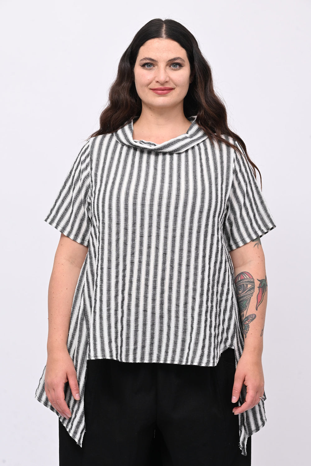 Blusa gessata effetto lino - Nero