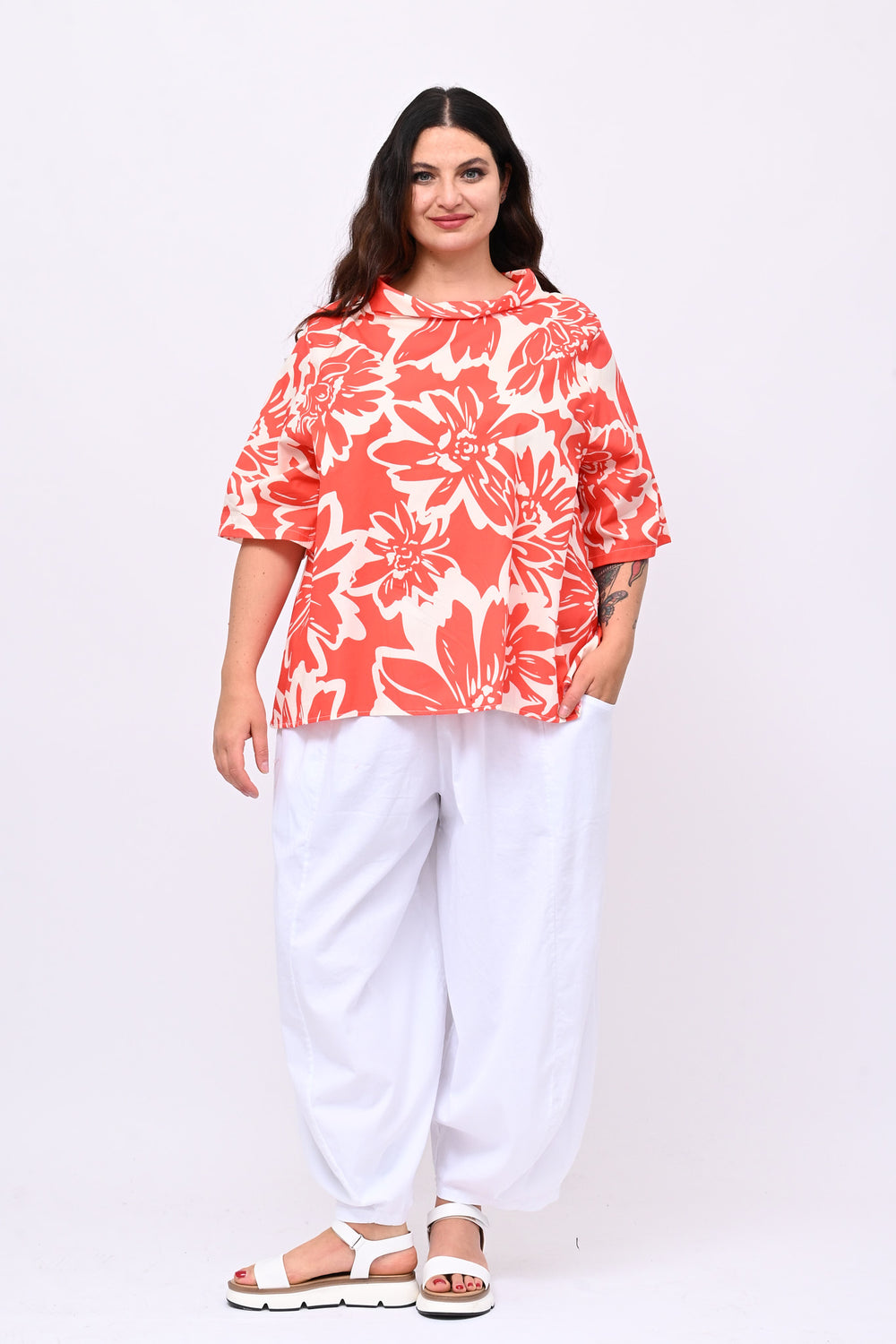 Blusa colletto fiori - Corallo