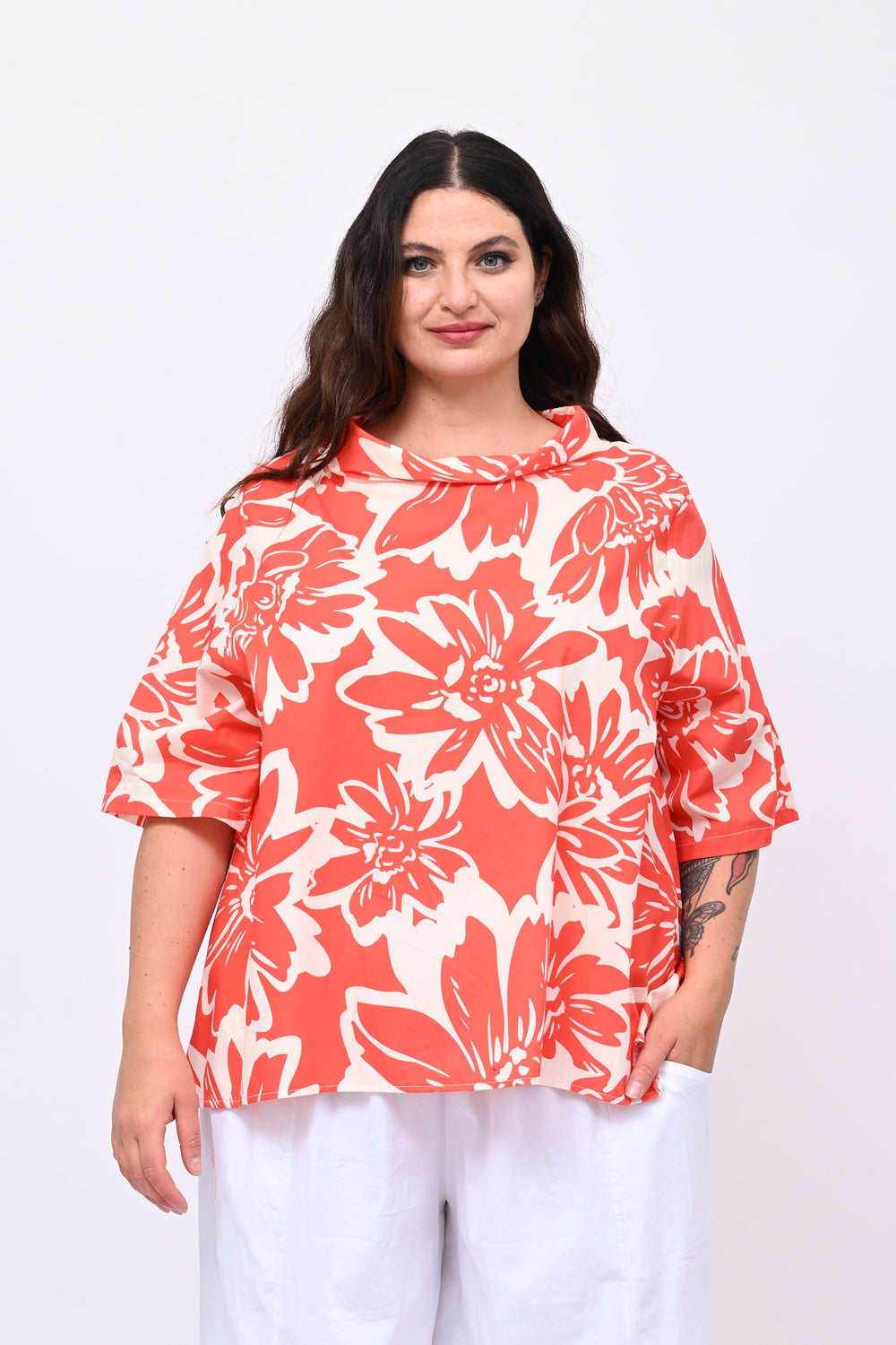 Blusa colletto fiori - Corallo