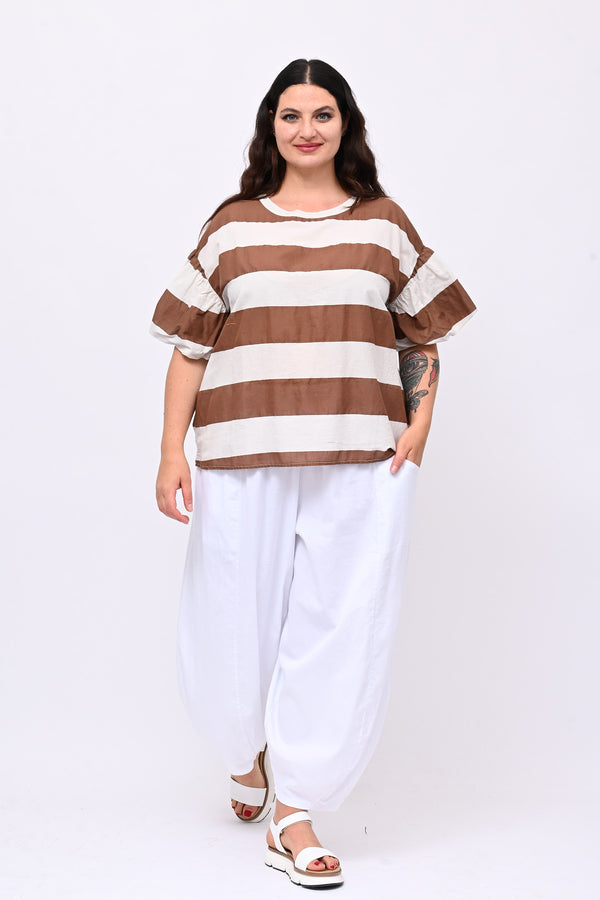Blusa righe manica palloncino - Bianco