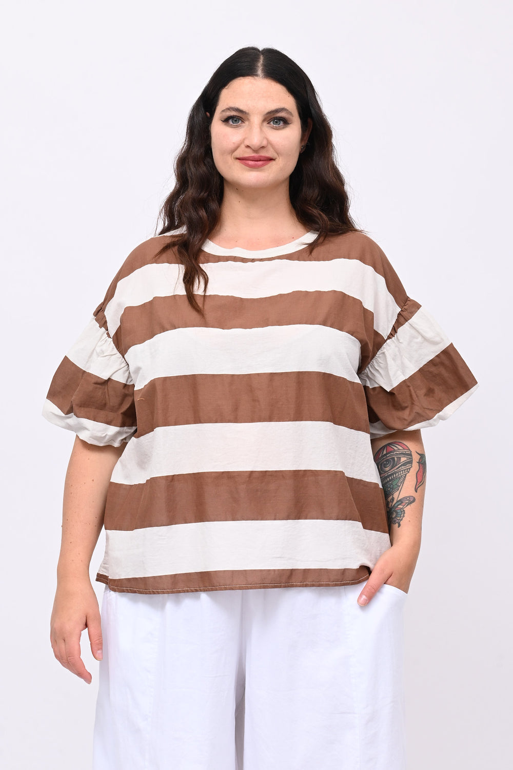 Blusa righe manica palloncino - Bianco