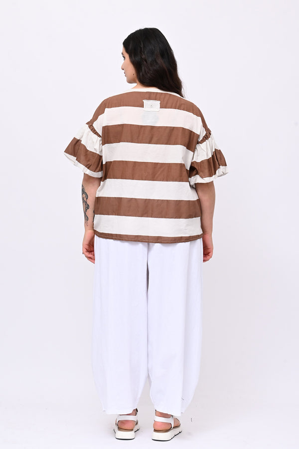 Blusa righe manica palloncino - Bianco
