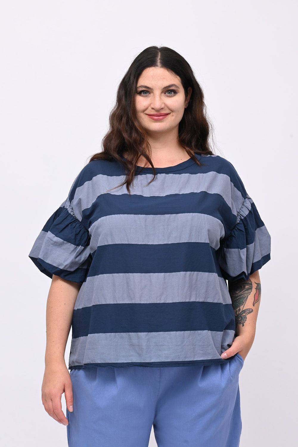 Blusa righe manica palloncino - Jeans