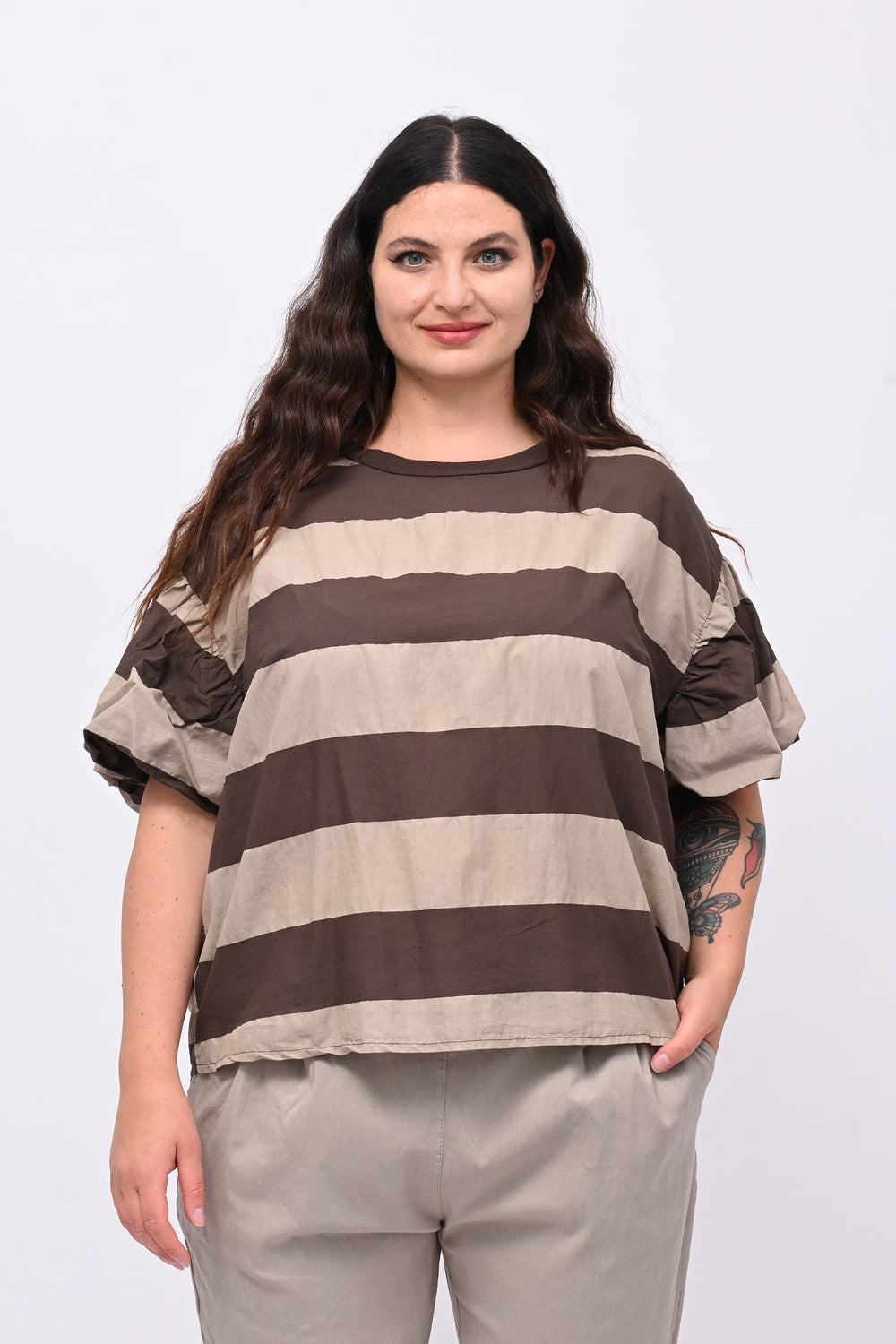 Blusa righe manica palloncino - Moro