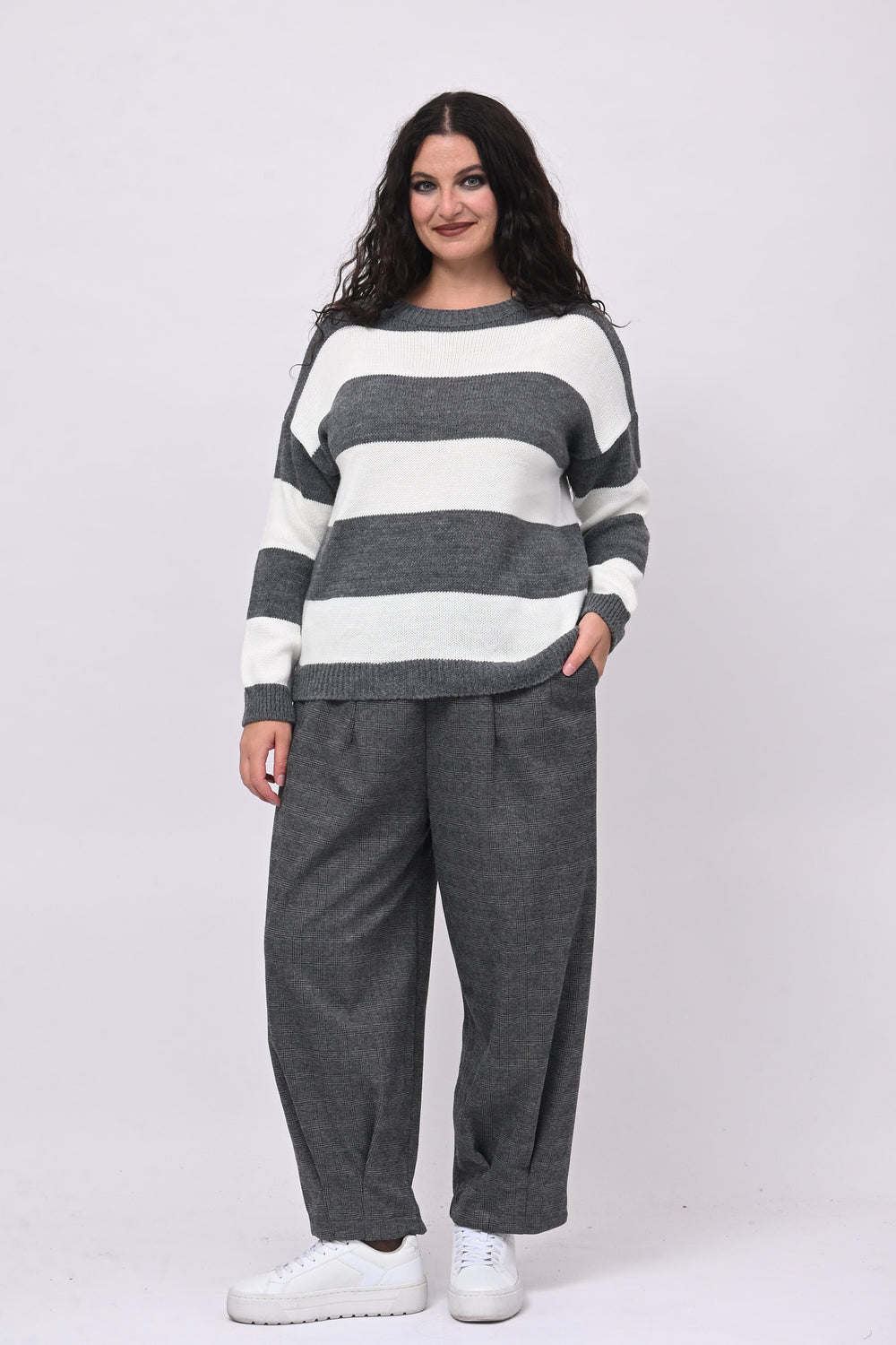 Pull righe liscio - Grigio