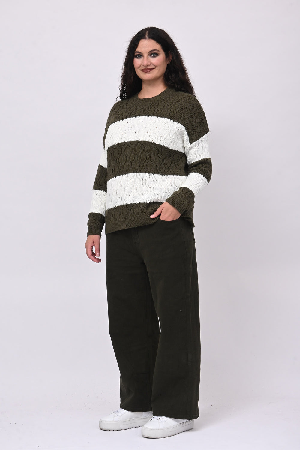 Pull righe lavorato - Verde militare