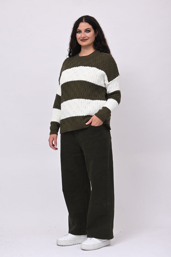 Pull righe lavorato - Verde militare