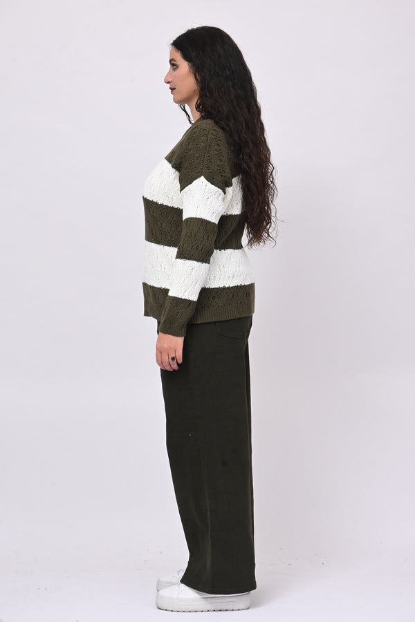 Pull righe lavorato - Verde militare