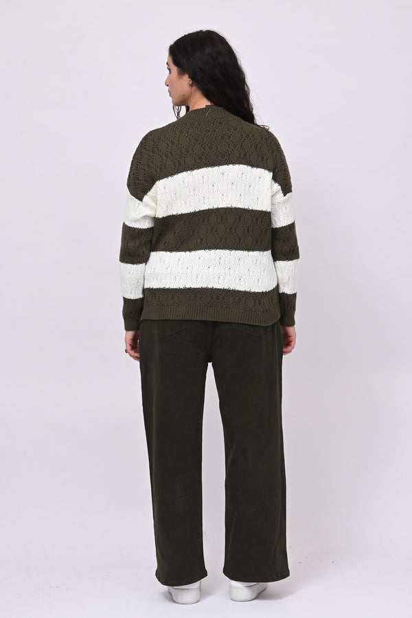 Pull righe lavorato - Verde militare