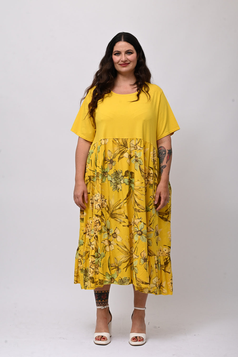 Abito cotone fiori - Giallo