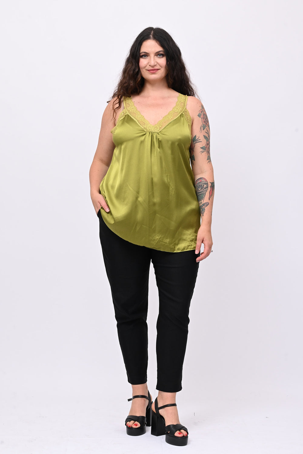 Top raso e pizzo - Lime