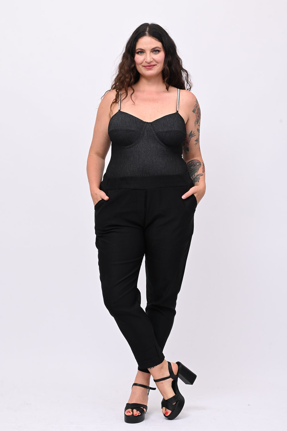Body jeans strass - Nero