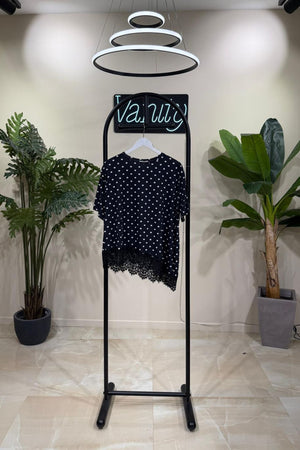 Maglia asimmetrica pizzo - Pois nero