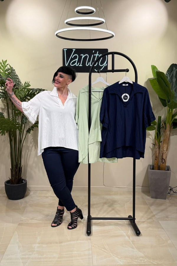 Blusa colletto rouches - Blu