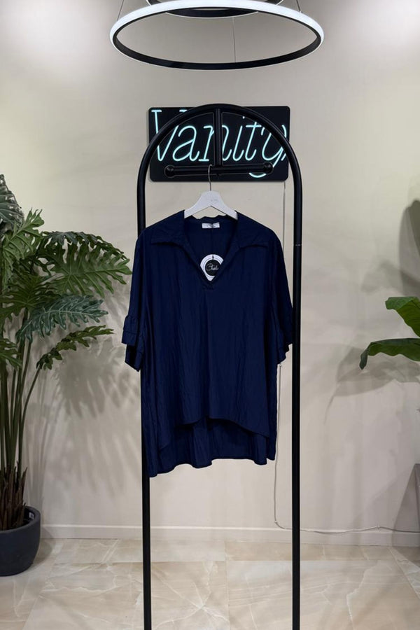 Blusa colletto rouches - Blu