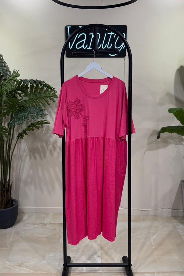 Abito ricamo fiore - Fuxia
