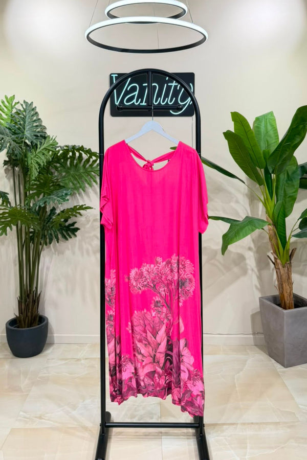 Abito viscosa fiori laccio - Fuxia