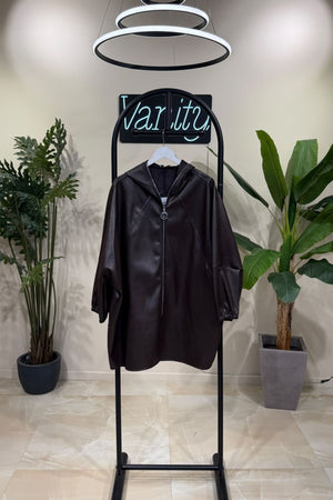 Giacca zip cappuccio ecopelle - Moro