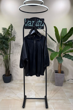 Giacca zip cappuccio ecopelle - Nero