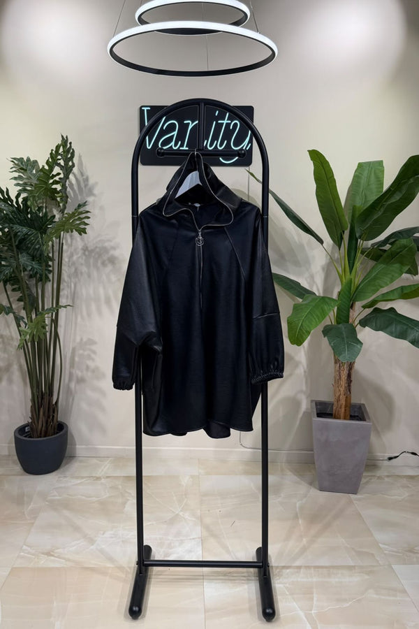 Giacca zip cappuccio ecopelle - Nero