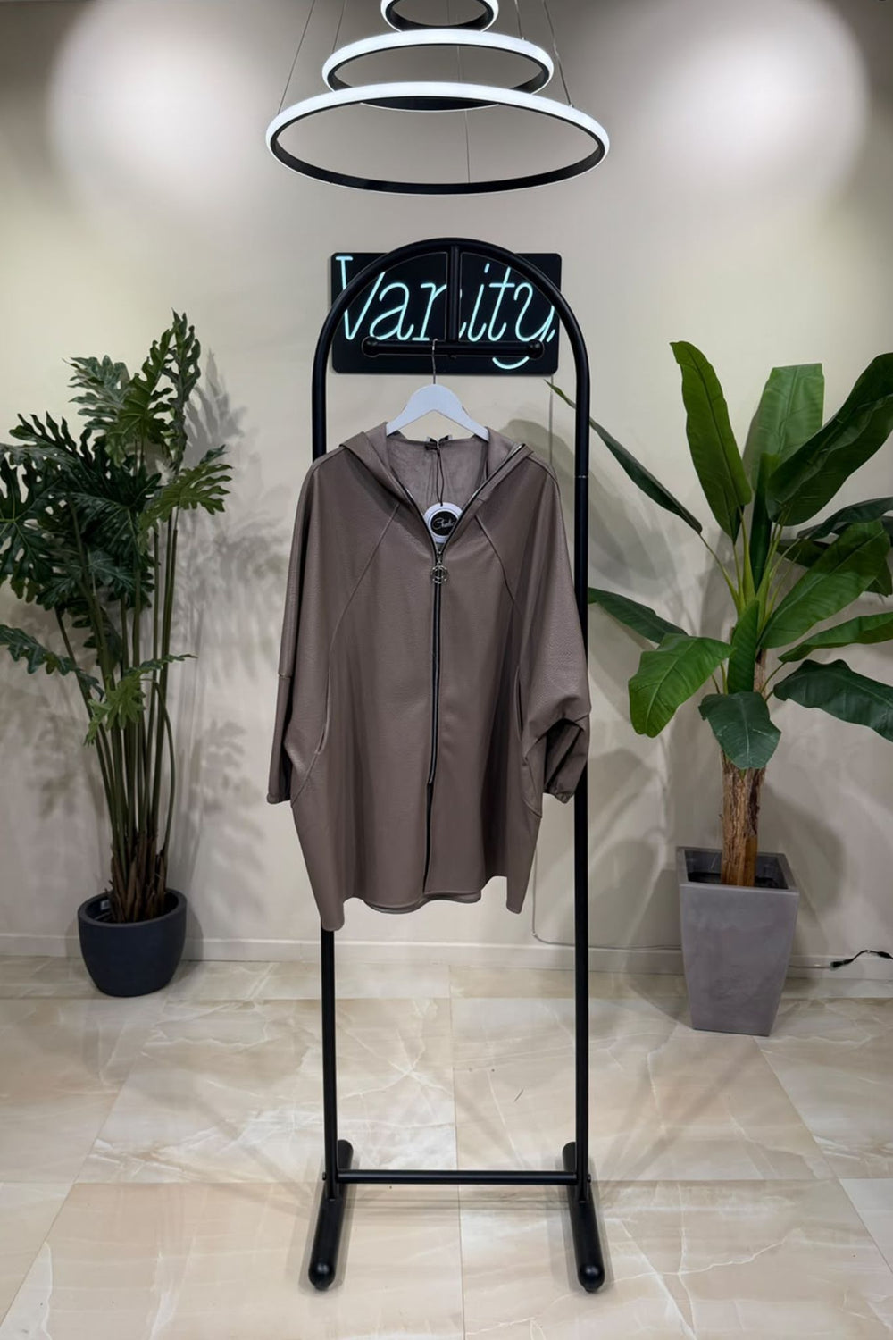 Giacca zip cappuccio ecopelle - Fango