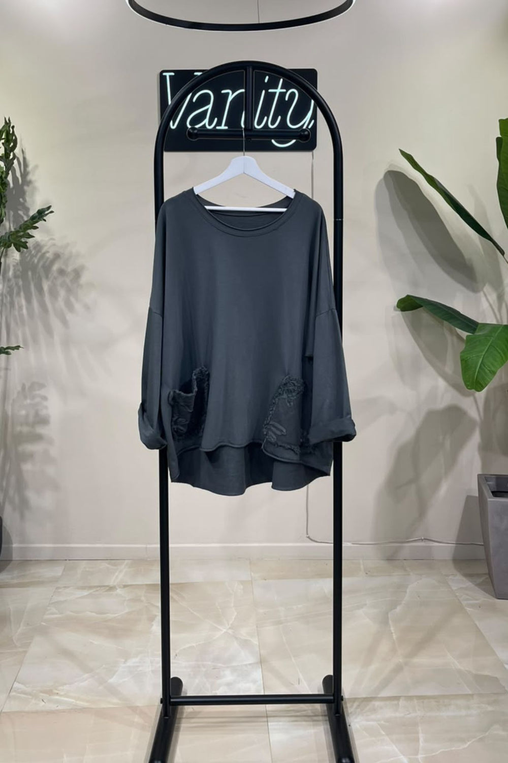 Maglia over tasche pizzo - Piombo