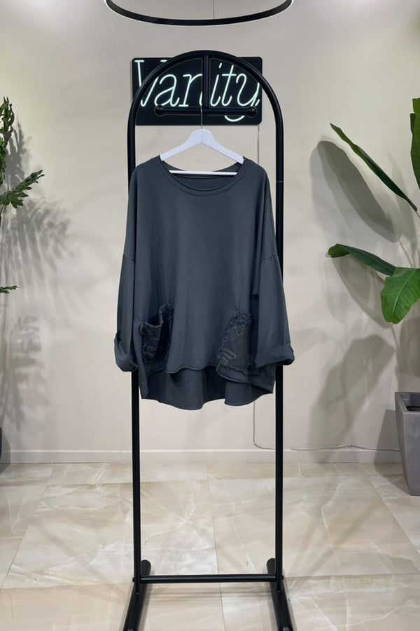 Maglia over tasche pizzo - Piombo