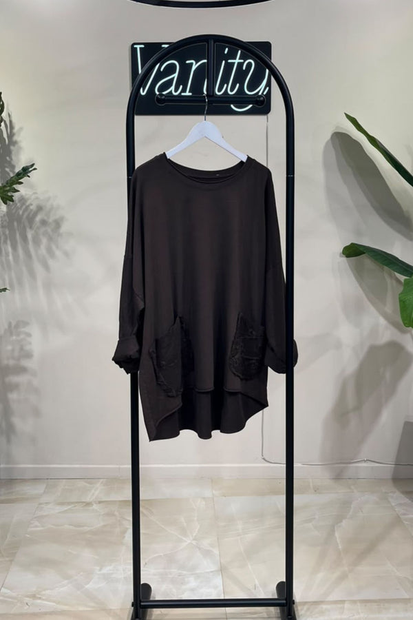 Maglia over tasche pizzo - Moro