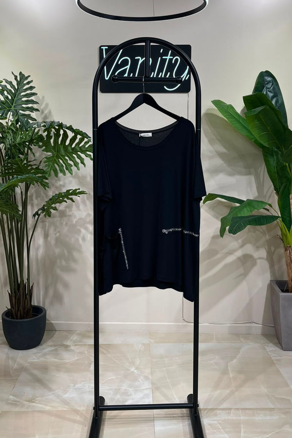 Maglia tasche e strass - Nero