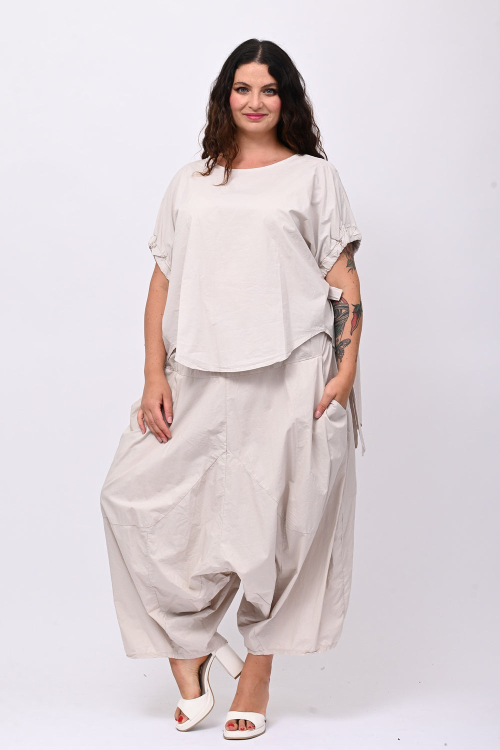 Pantalone cavallo basso popeline - Gesso