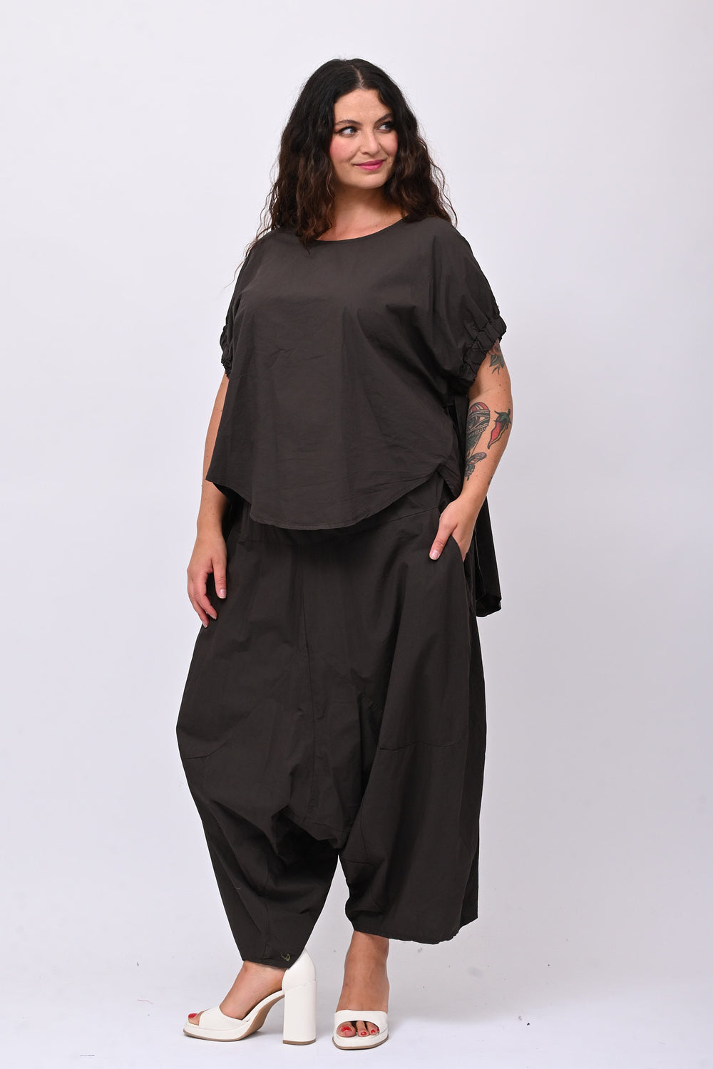 Pantalone cavallo basso popeline - Moro