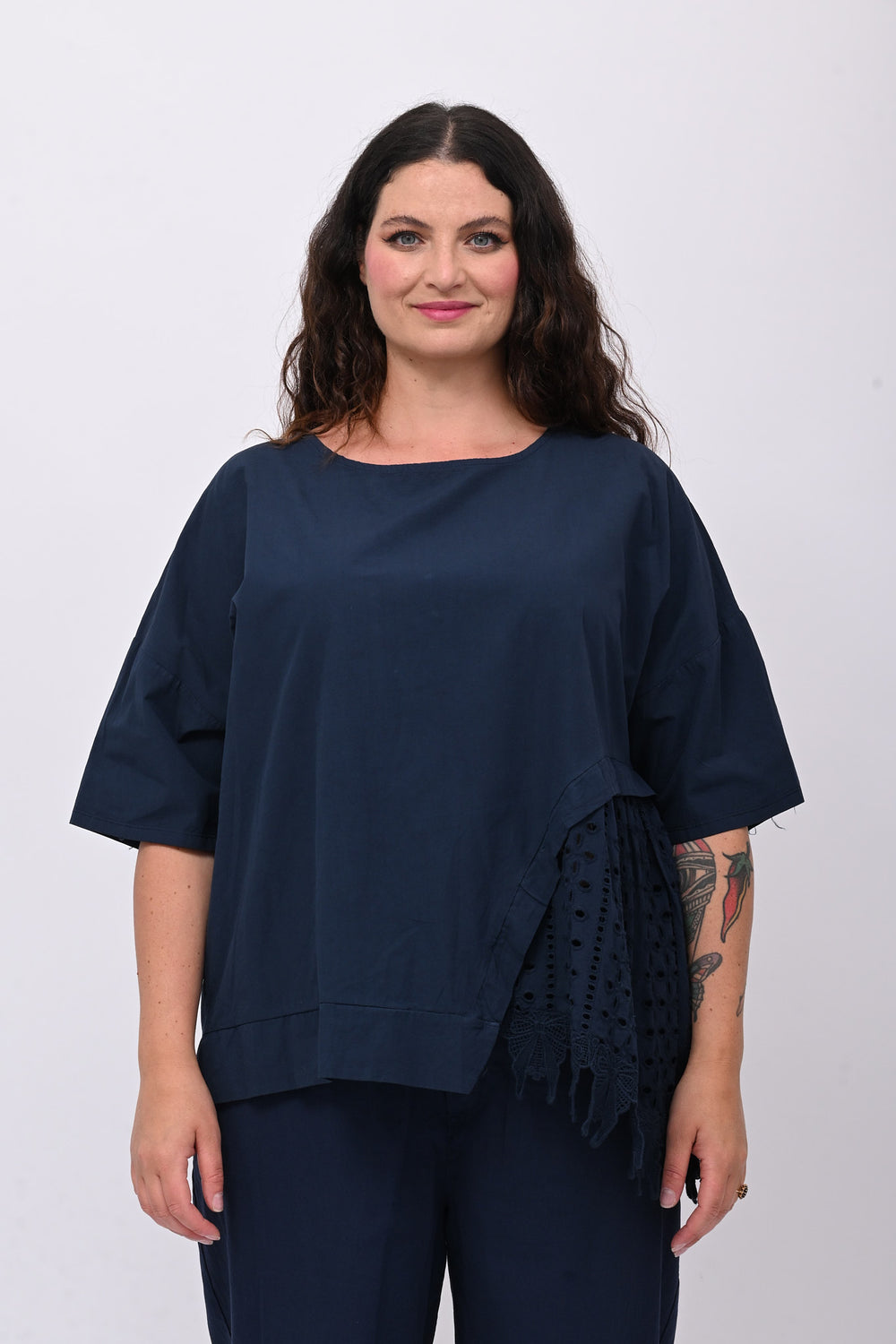 Maxi maglia cotone sangallo - Blu